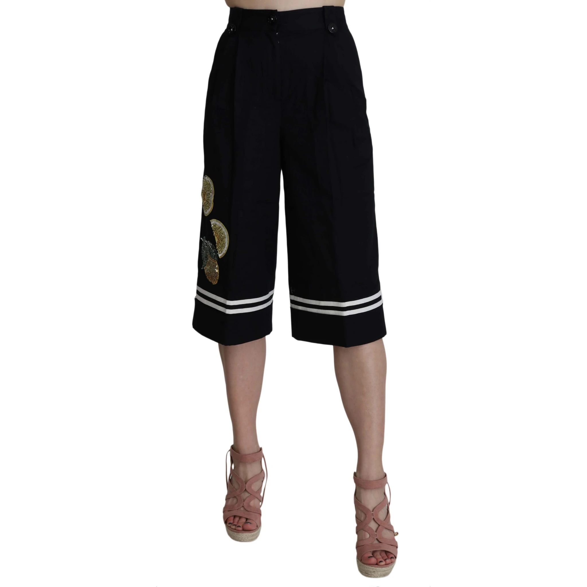 Black Cotton Cropped Embellished Pants