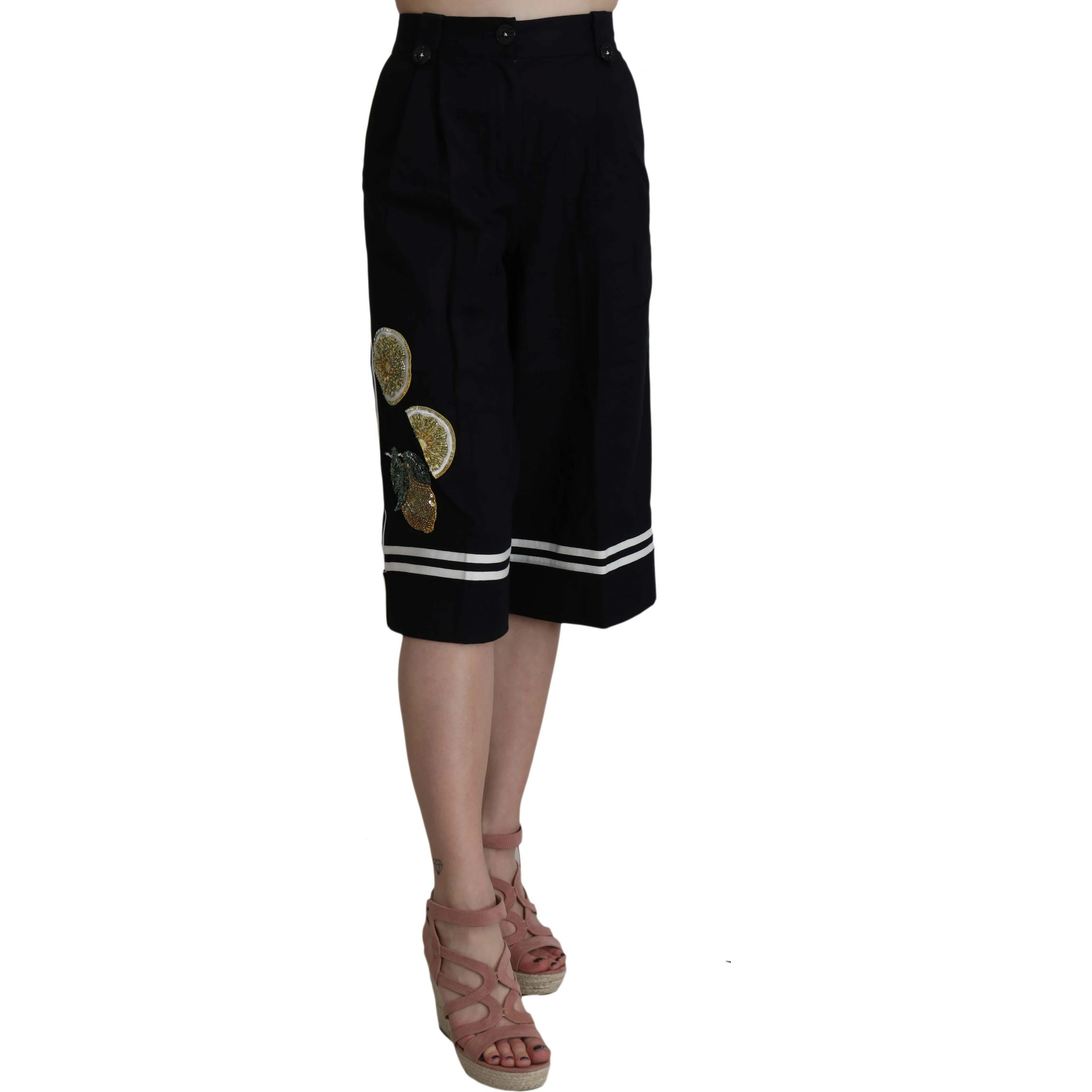 Black Cotton Cropped Embellished Pants