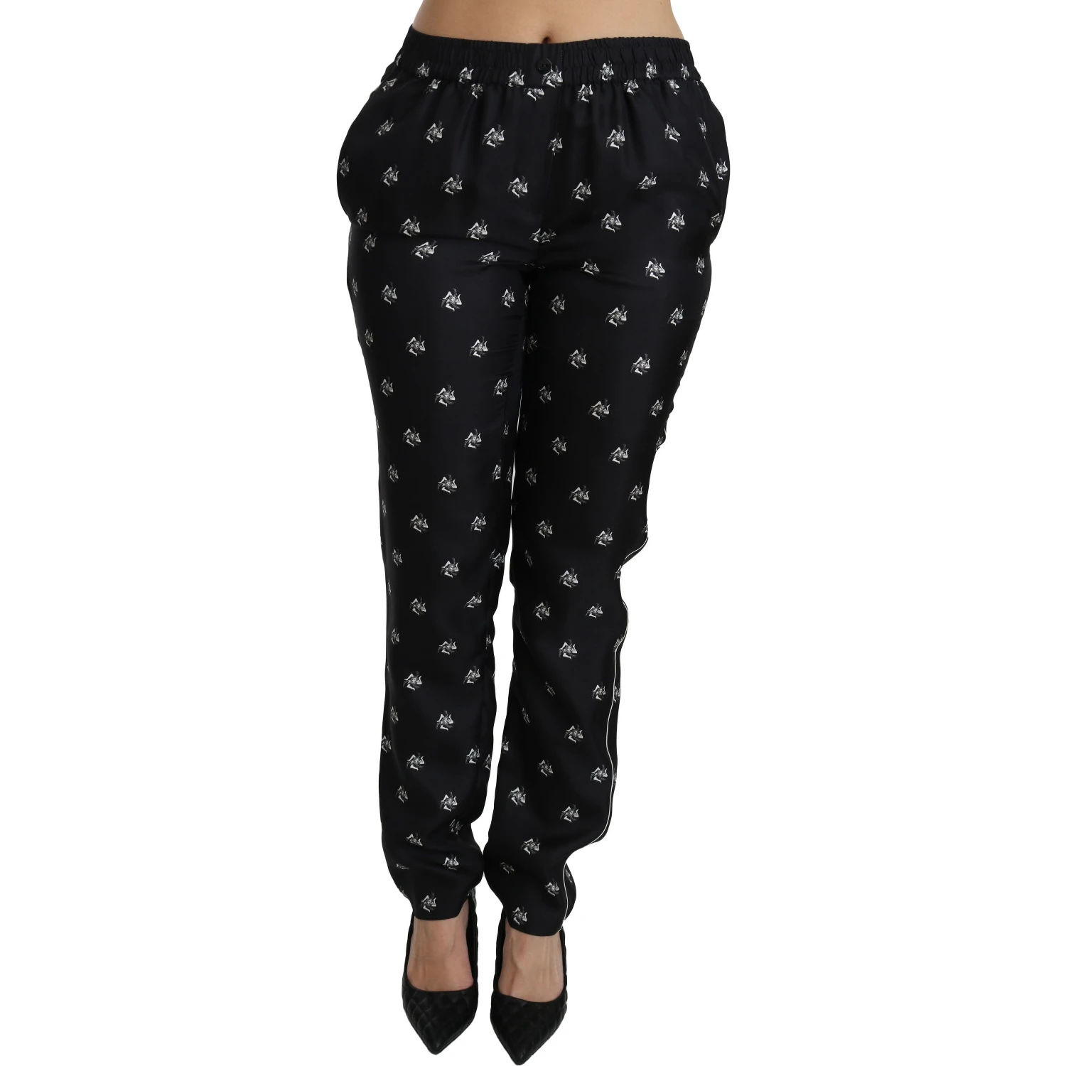 Black Printed Mid Waist Skinny Silk Pants