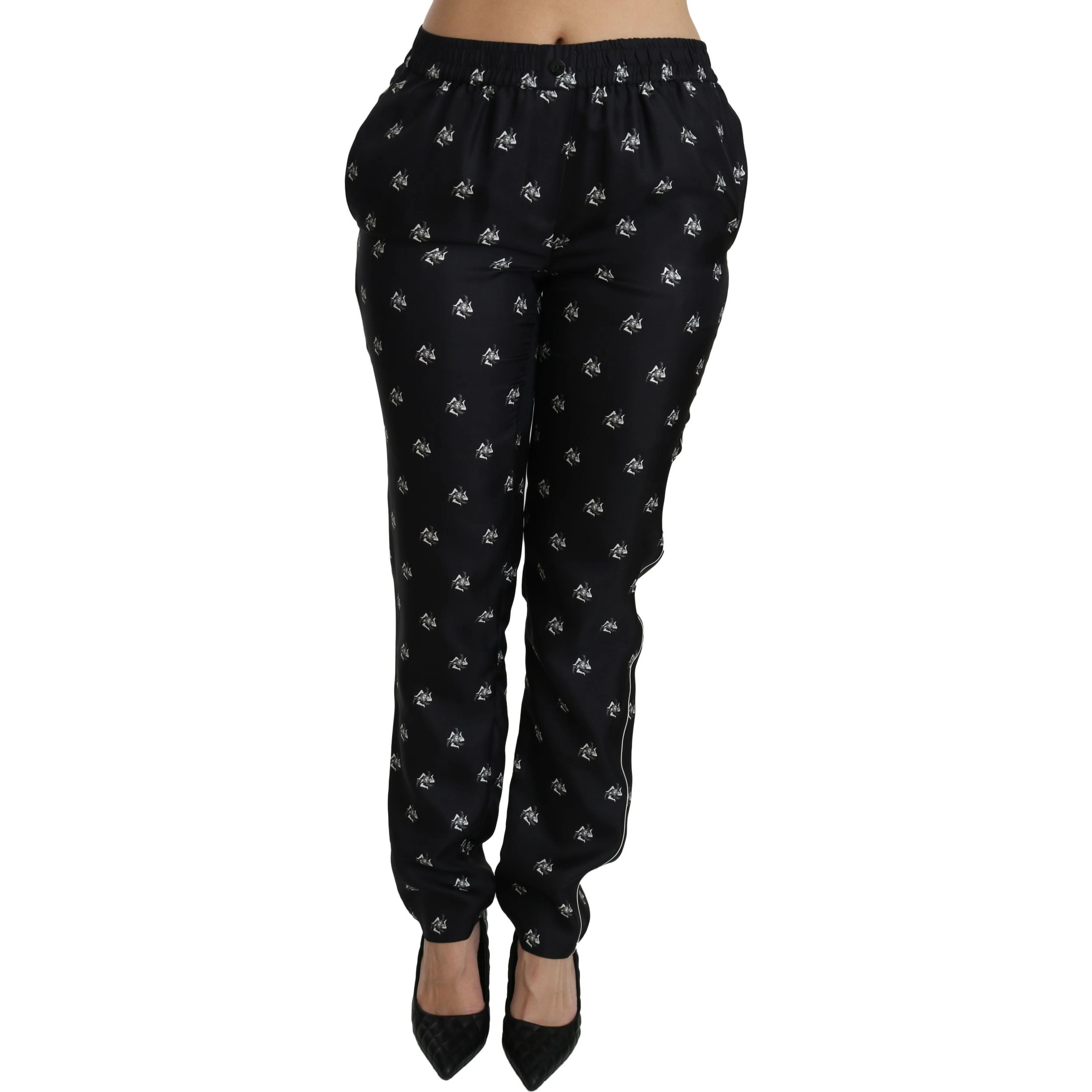 Black Printed Mid Waist Skinny Silk Pants