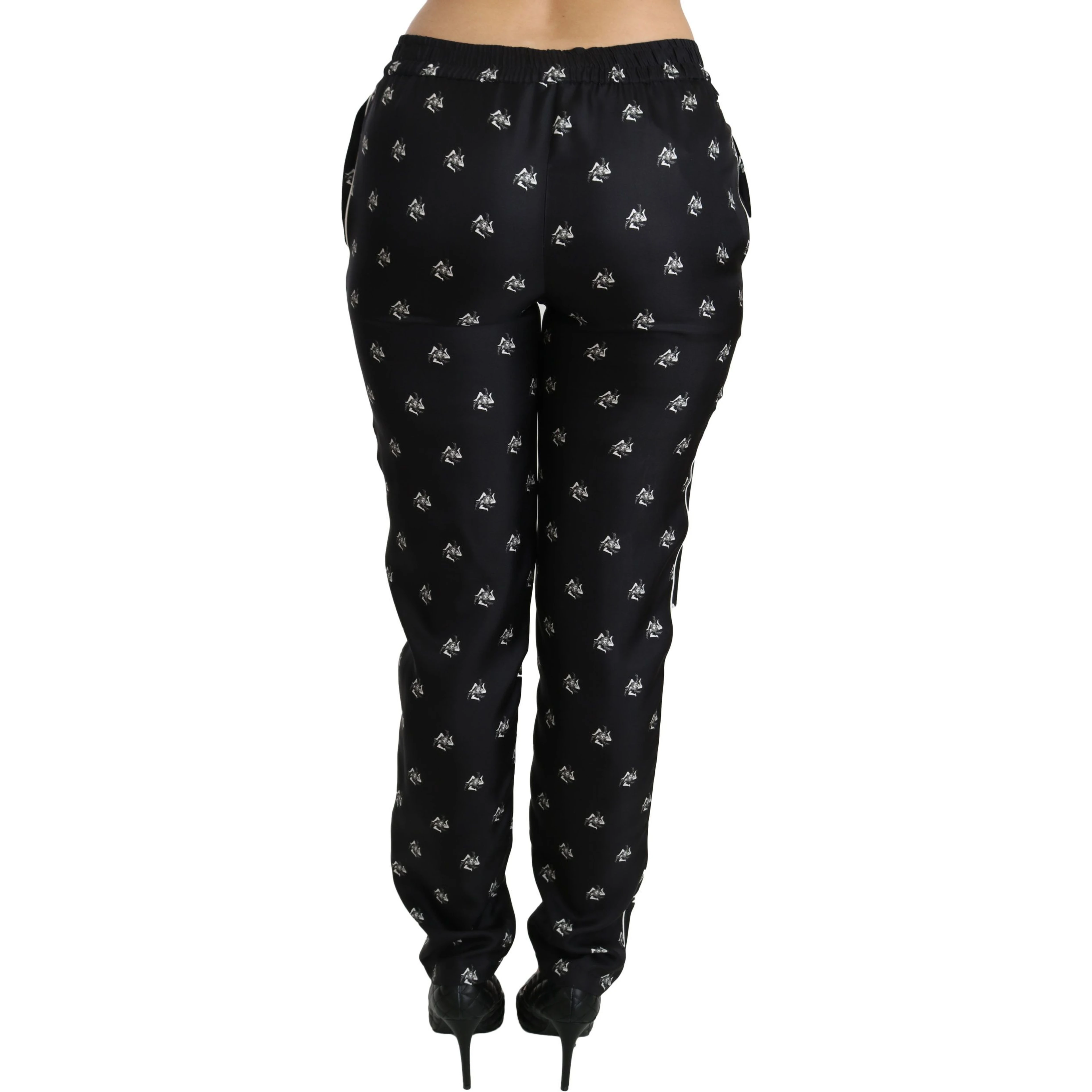 Black Printed Mid Waist Skinny Silk Pants