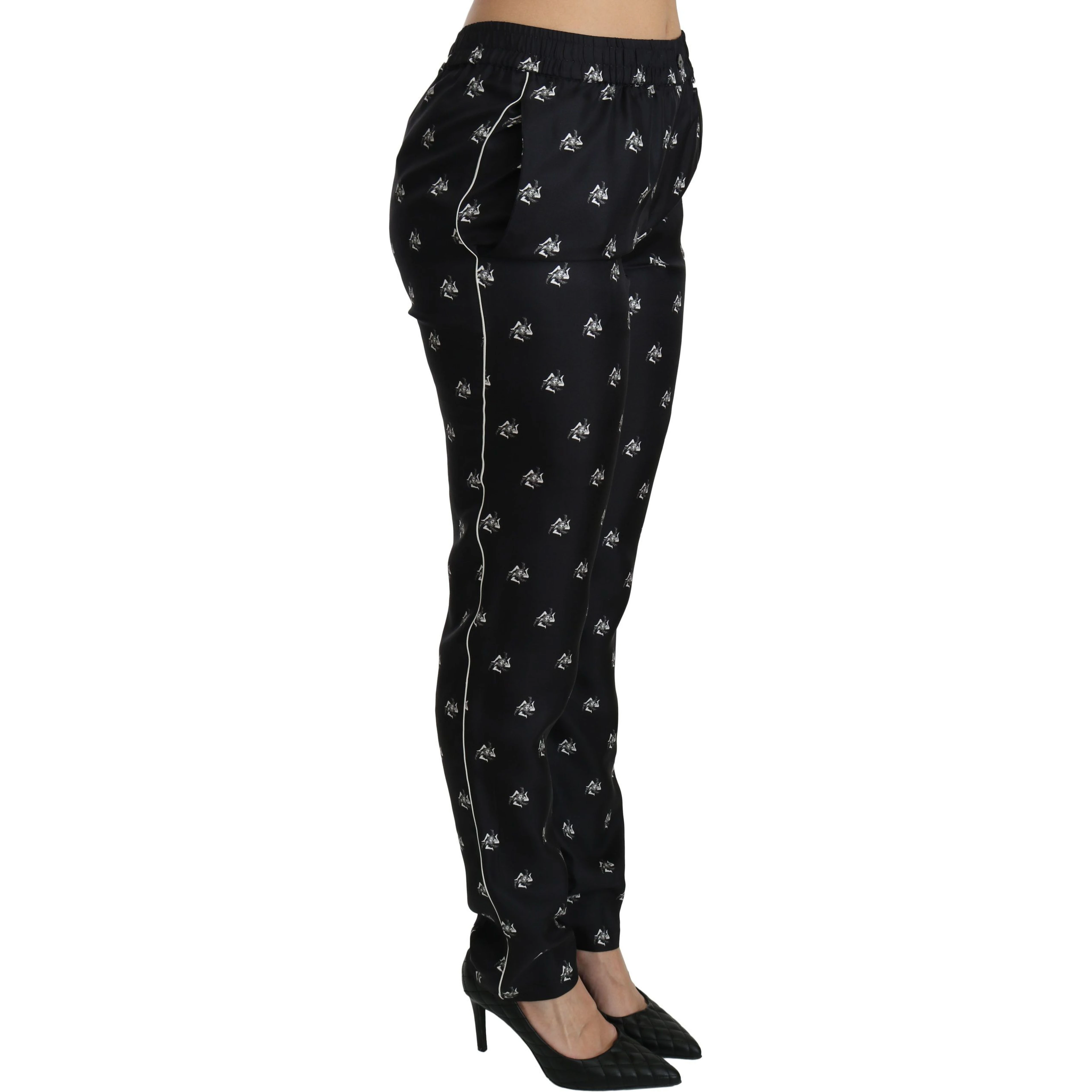 Black Printed Mid Waist Skinny Silk Pants