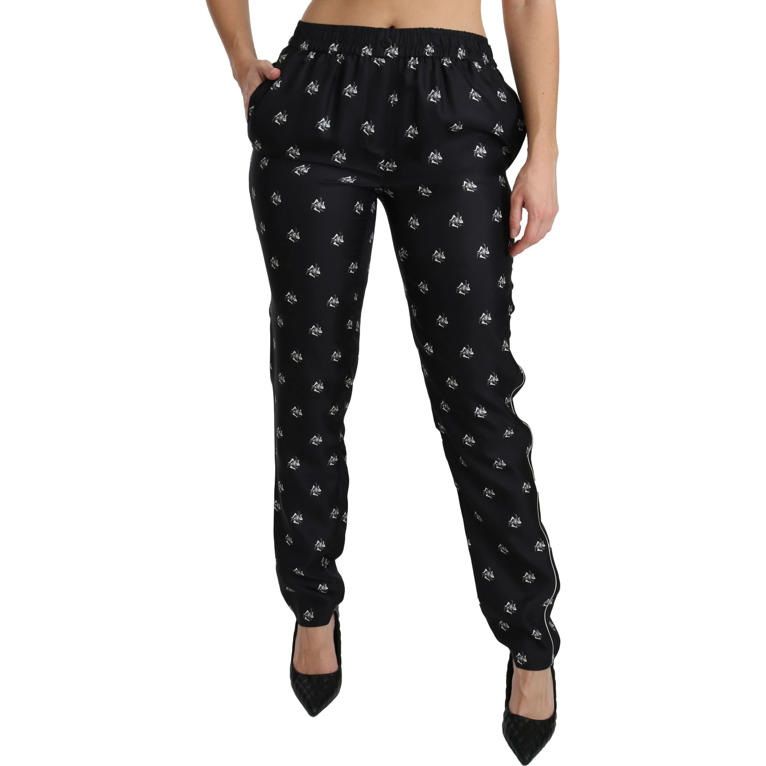 Black Printed Mid Waist Skinny Silk Pants