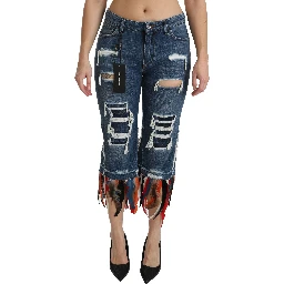 Blue Feathers Low Waist Cropped Cotton Jeans