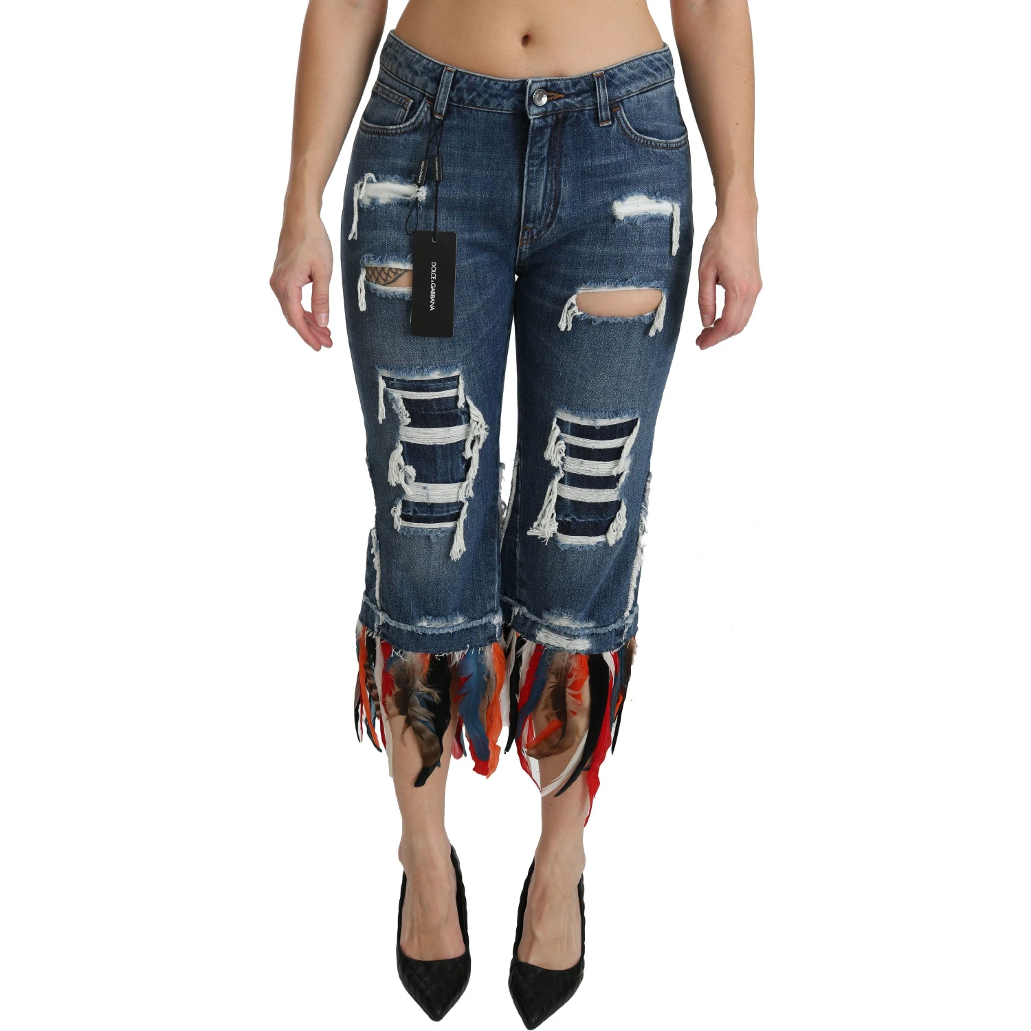 Blue Feathers Low Waist Cropped Cotton Jeans