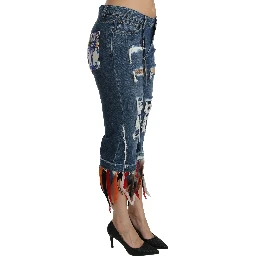 Blue Feathers Low Waist Cropped Cotton Jeans