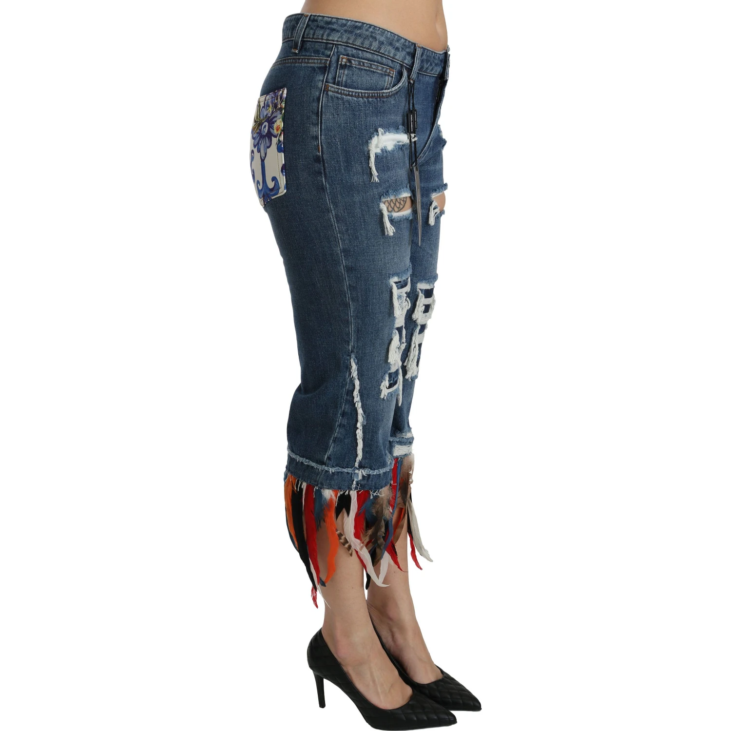 Blue Feathers Low Waist Cropped Cotton Jeans