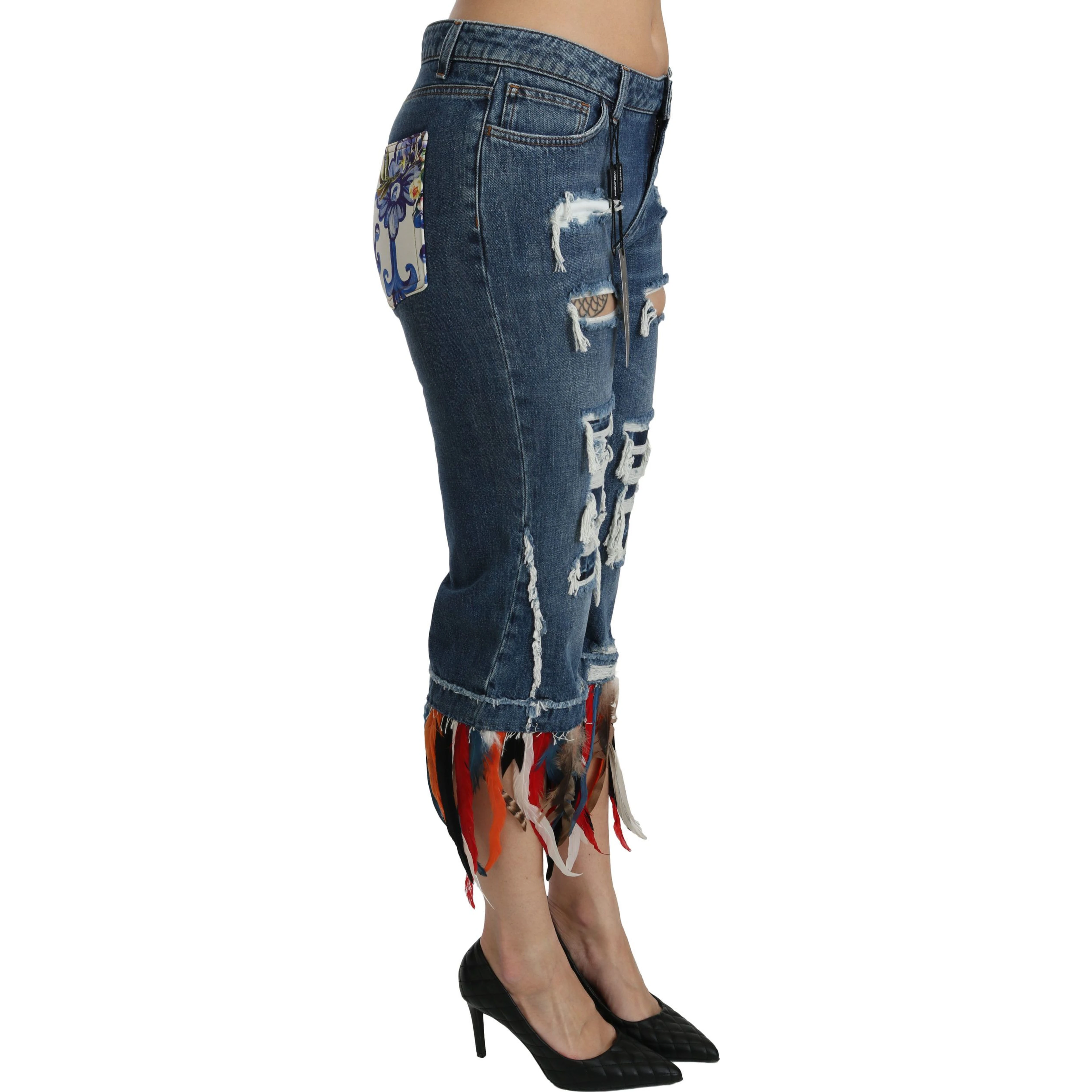 Blue Feathers Low Waist Cropped Cotton Jeans