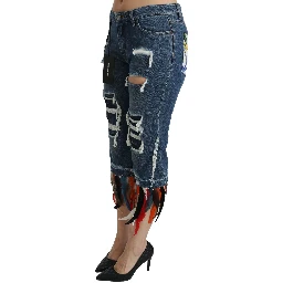 Blue Feathers Low Waist Cropped Cotton Jeans