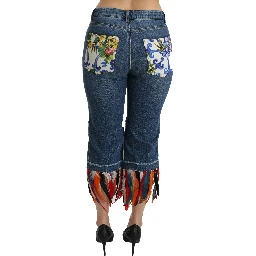 Blue Feathers Low Waist Cropped Cotton Jeans
