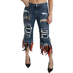 Blue Feathers Low Waist Cropped Cotton Jeans