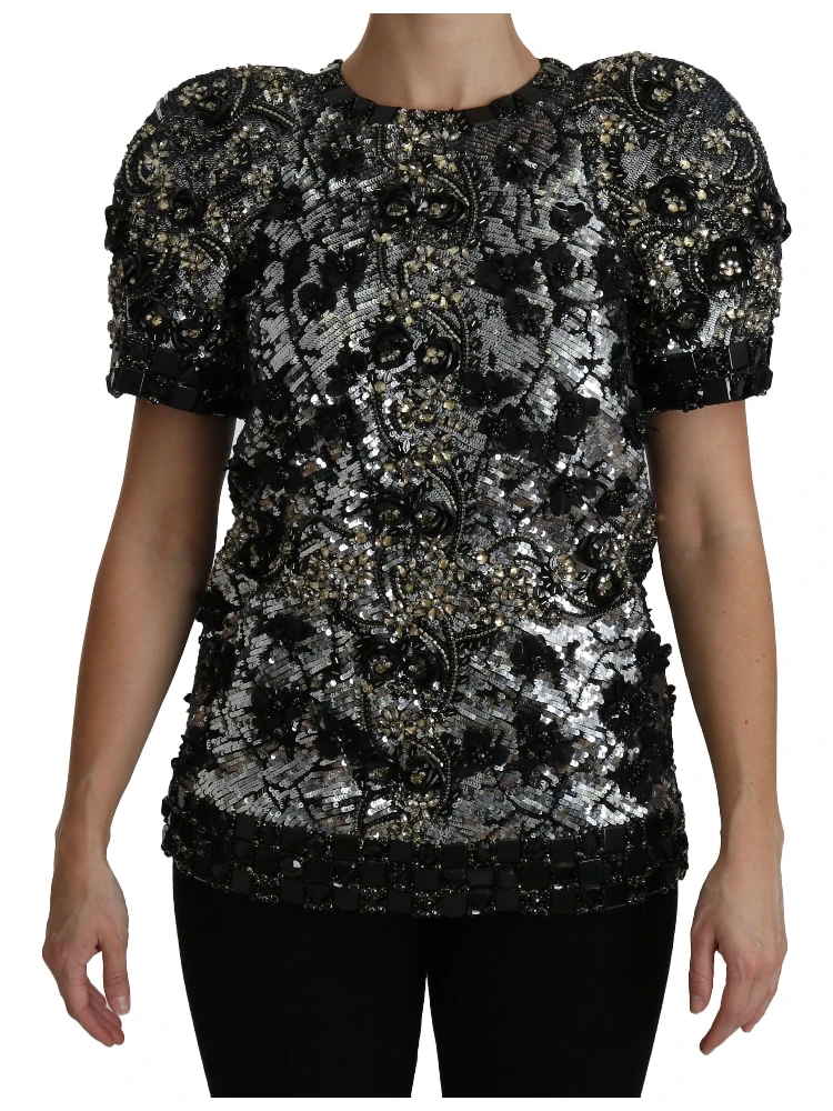 Black Sequined Crystal Embellished Top Blouse