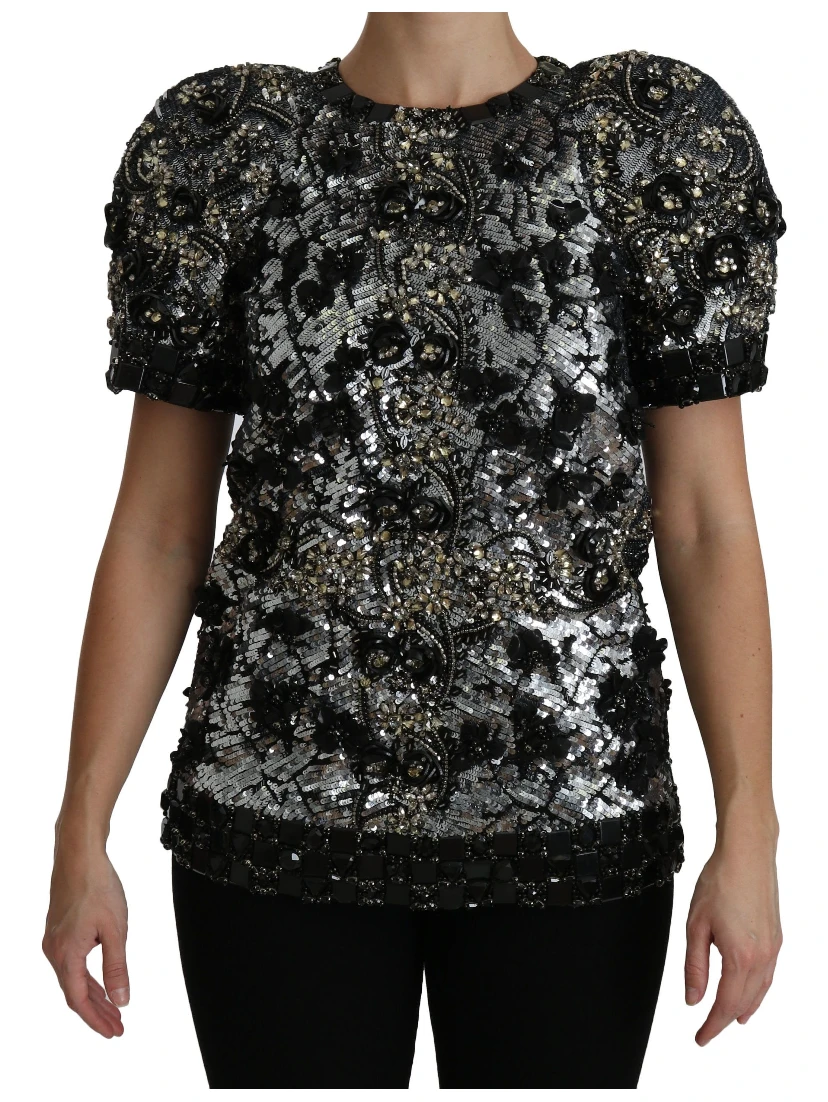 Black Sequined Crystal Embellished Top Blouse