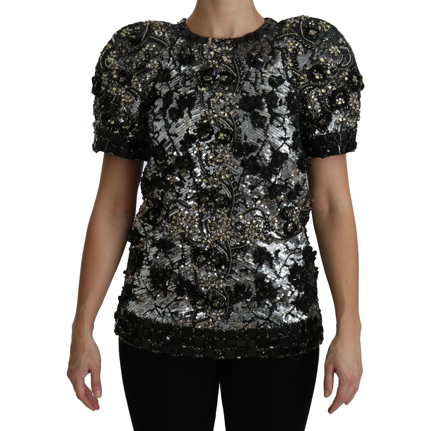 Black Sequined Crystal Embellished Top Blouse