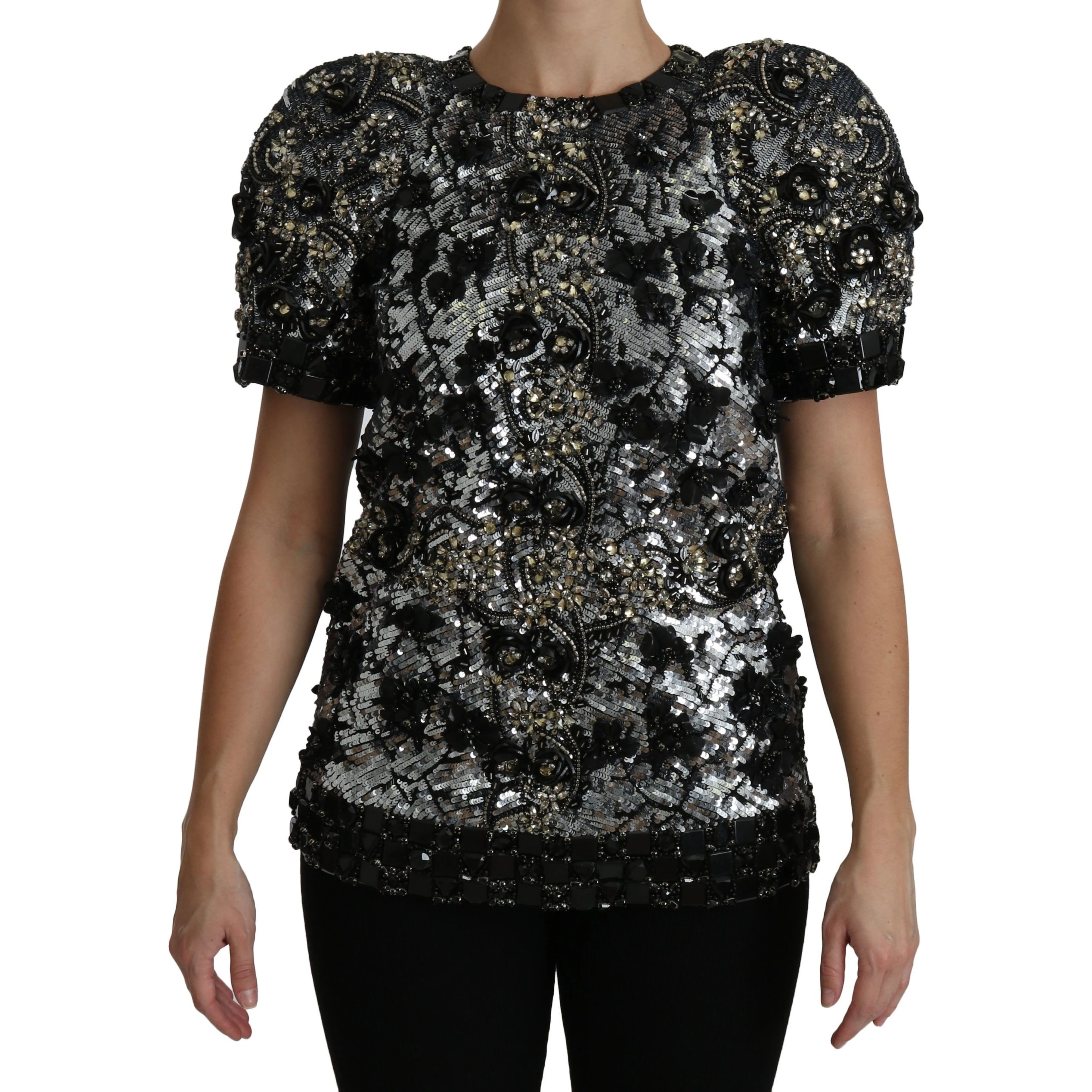 Black Sequined Crystal Embellished Top Blouse