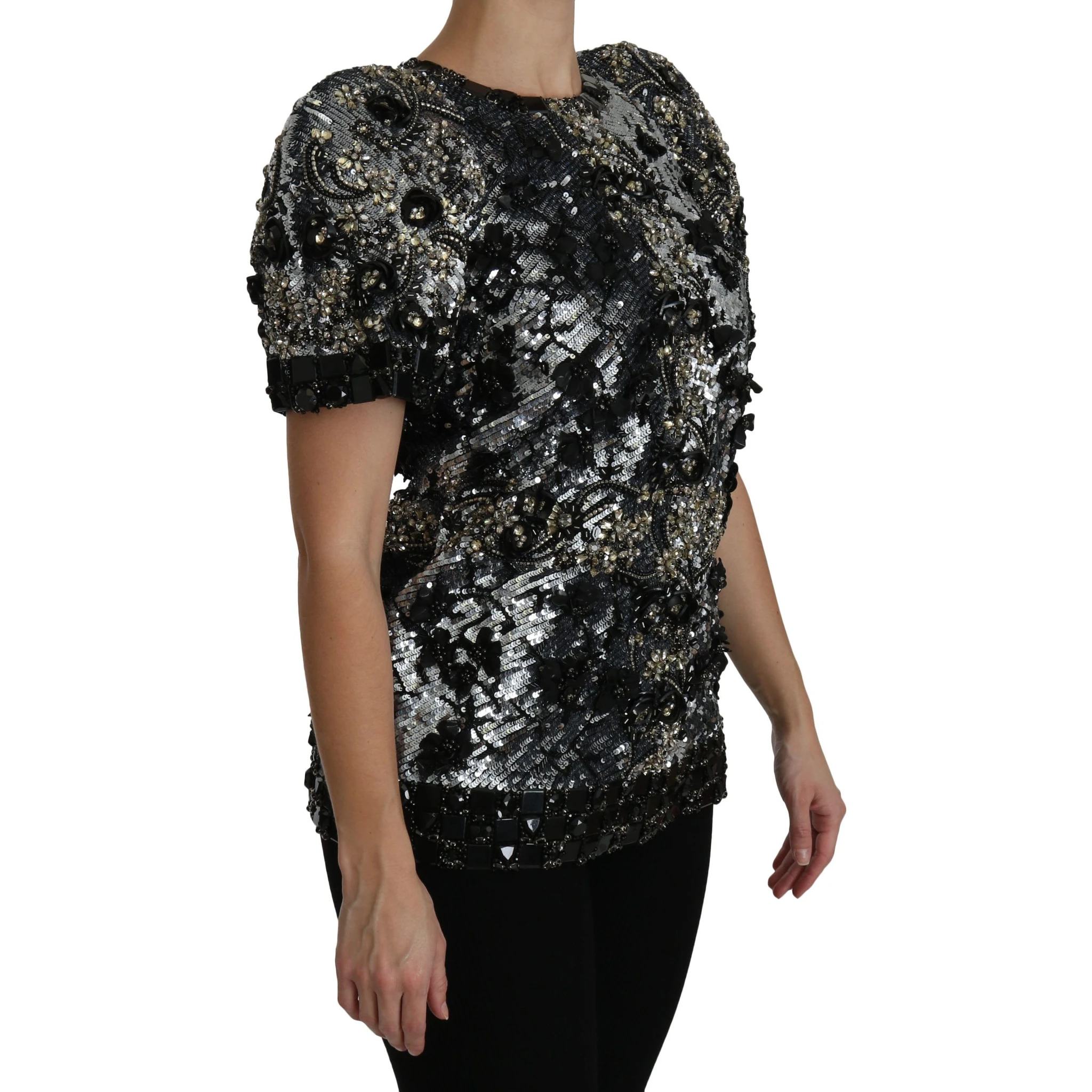 Black Sequined Crystal Embellished Top Blouse