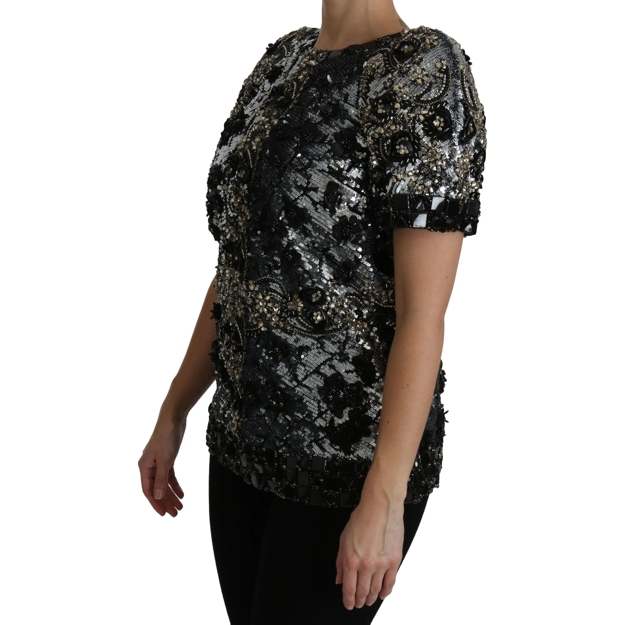 Black Sequined Crystal Embellished Top Blouse