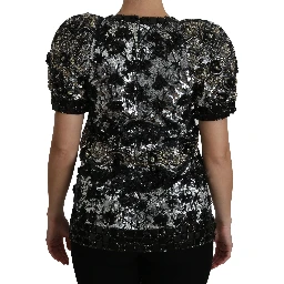Black Sequined Crystal Embellished Top Blouse