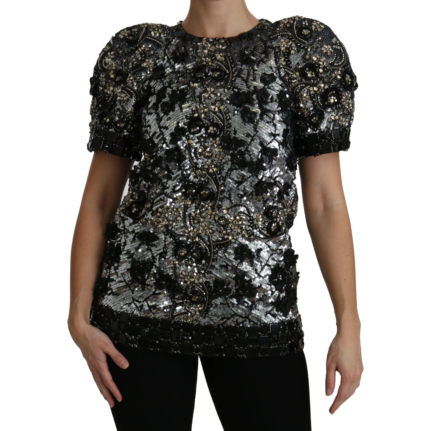 Black Sequined Crystal Embellished Top Blouse