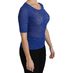Blue See Through Round Neck Top Viscose Blouse