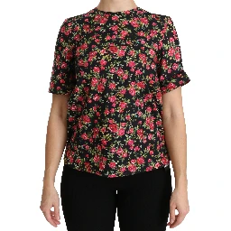 Black Floral Roses Short Sleeve Top Blouse