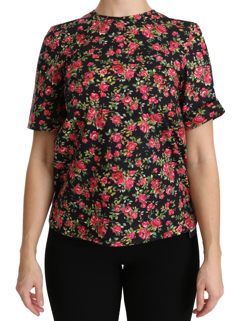 Black Floral Roses Short Sleeve Top Blouse