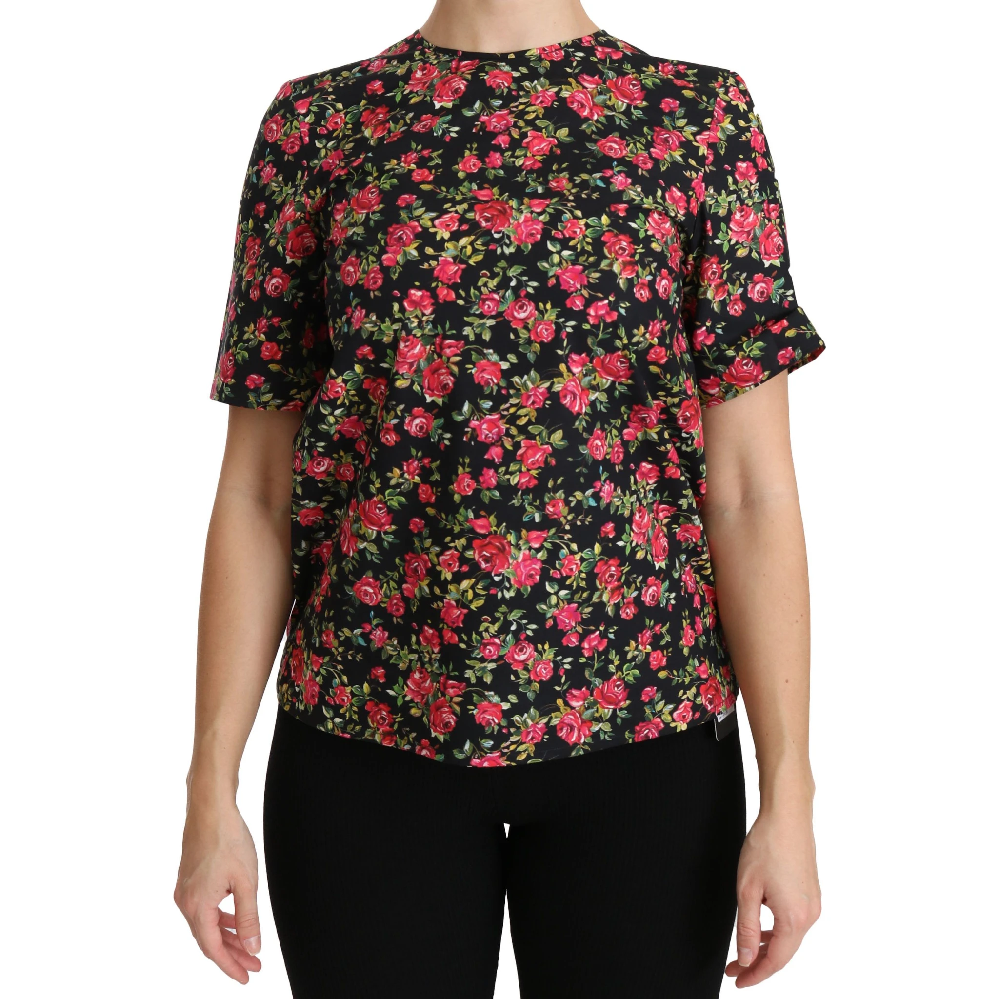 Black Floral Roses Short Sleeve Top Blouse