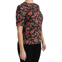 Black Floral Roses Short Sleeve Top Blouse