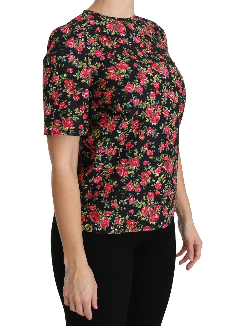 Black Floral Roses Short Sleeve Top Blouse