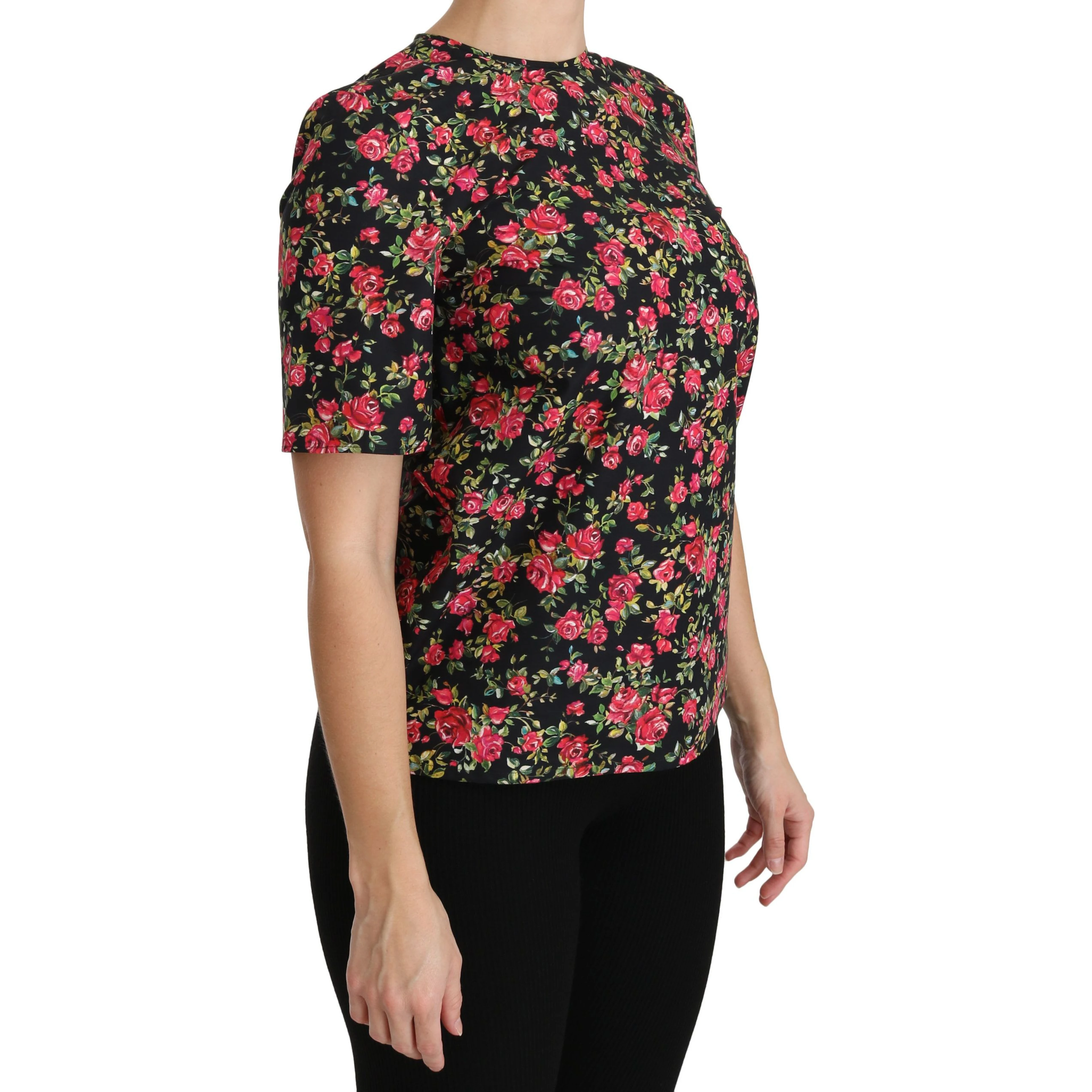 Black Floral Roses Short Sleeve Top Blouse
