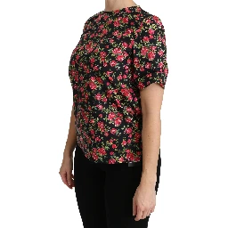 Black Floral Roses Short Sleeve Top Blouse