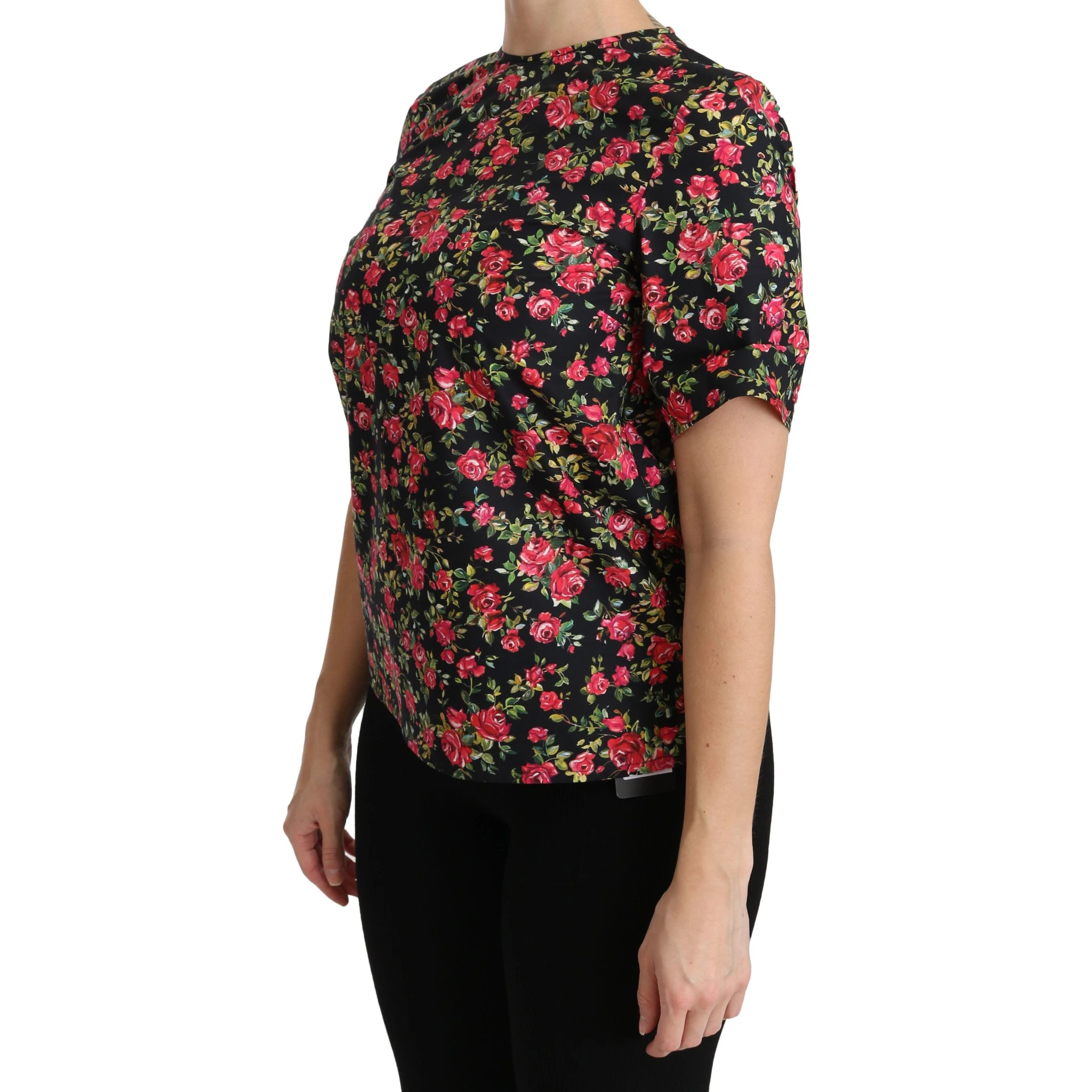 Black Floral Roses Short Sleeve Top Blouse