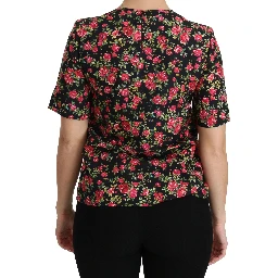 Black Floral Roses Short Sleeve Top Blouse