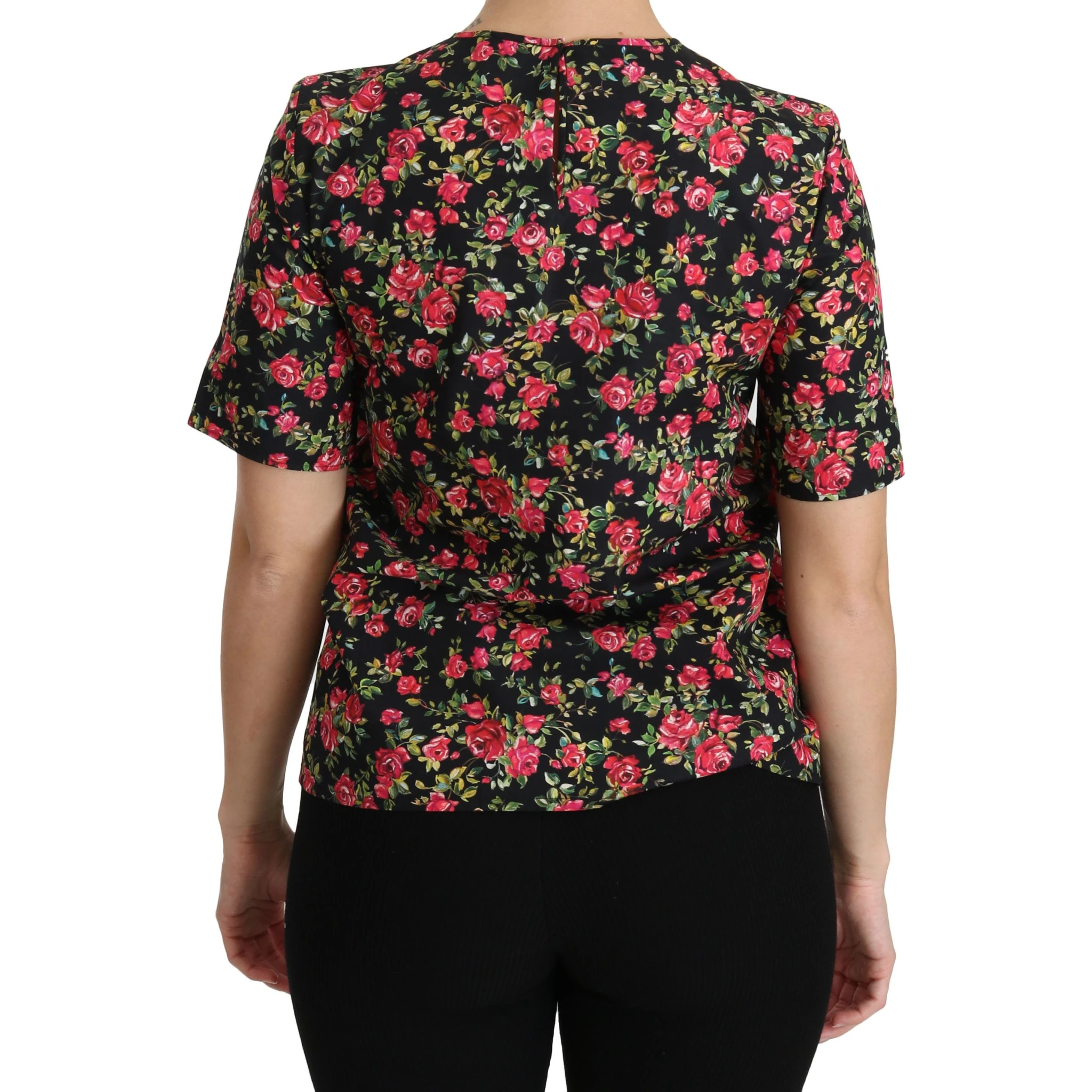 Black Floral Roses Short Sleeve Top Blouse