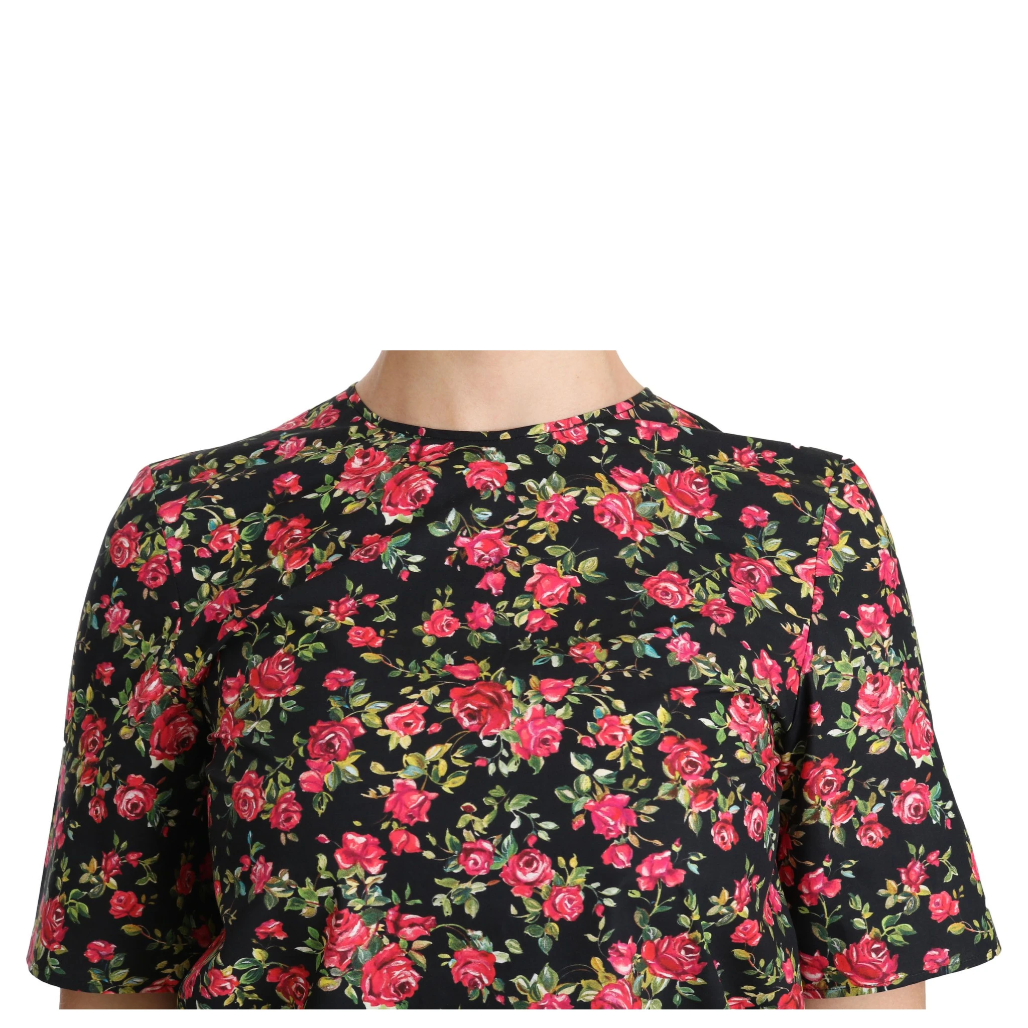 Black Floral Roses Short Sleeve Top Blouse
