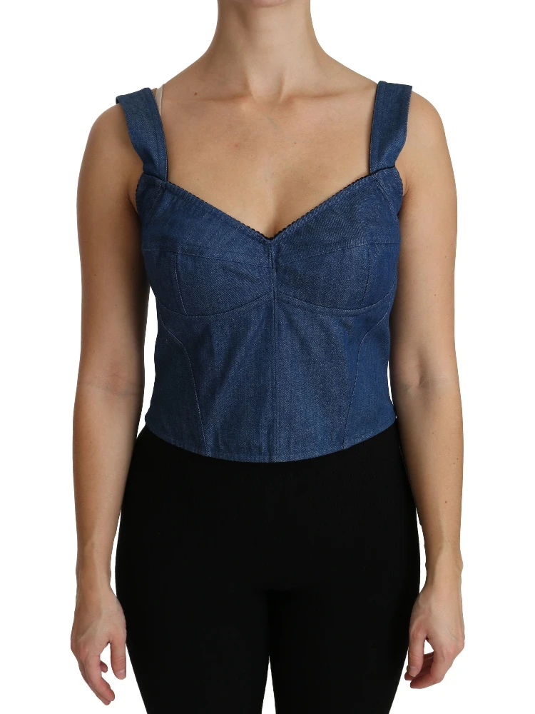 Blue Sleeveless Bustier Blouse Cotton Top