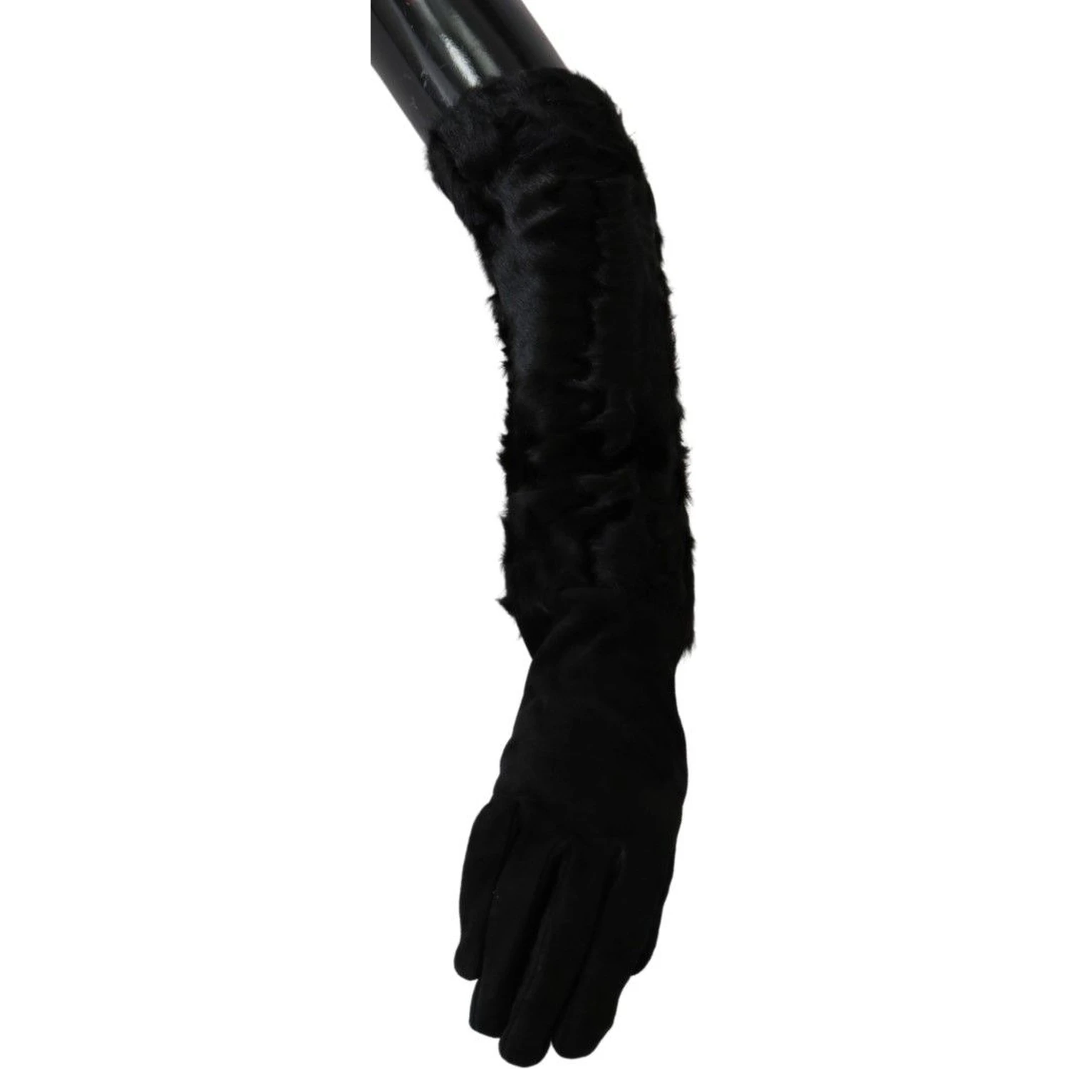 Black Elbow Length Mitten Suede Fur Gloves