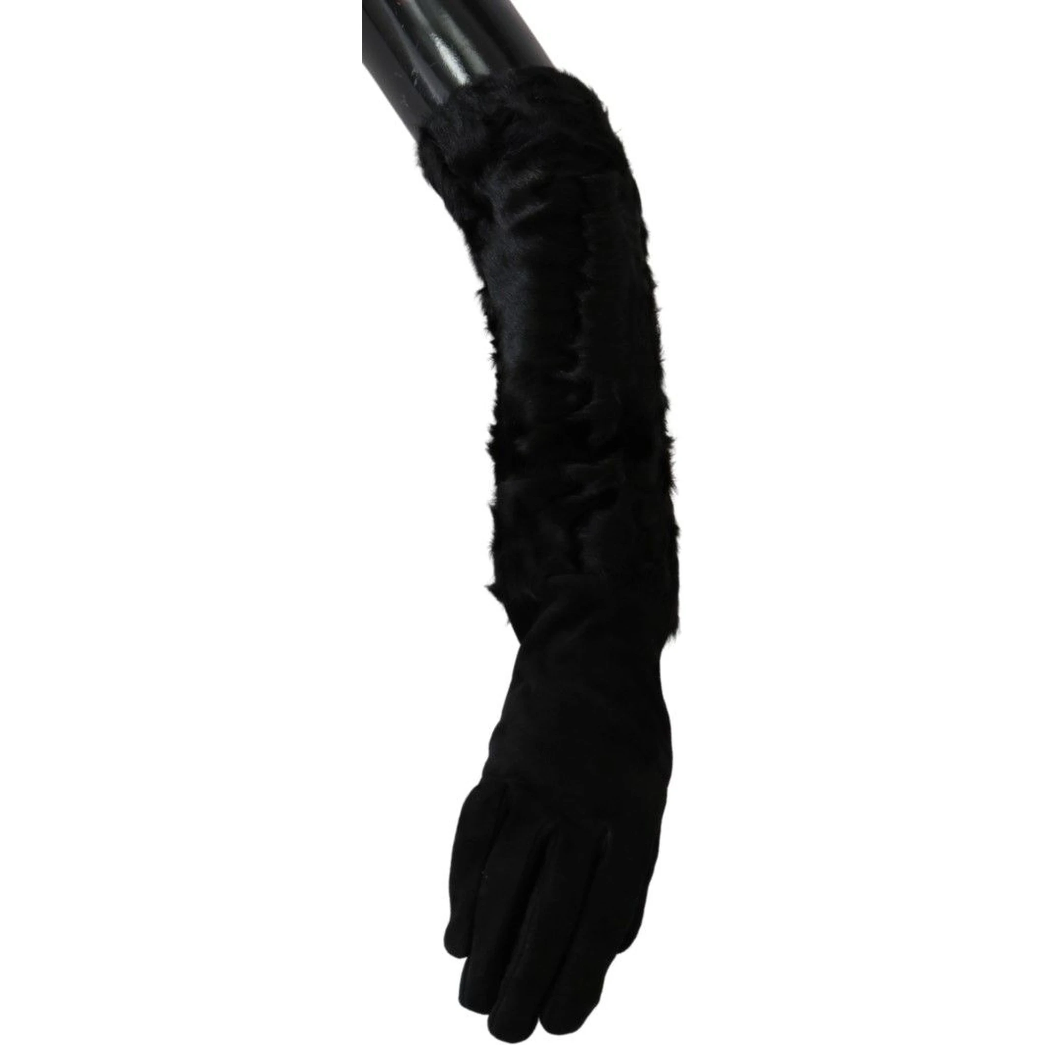 Black Elbow Length Mitten Suede Fur Gloves