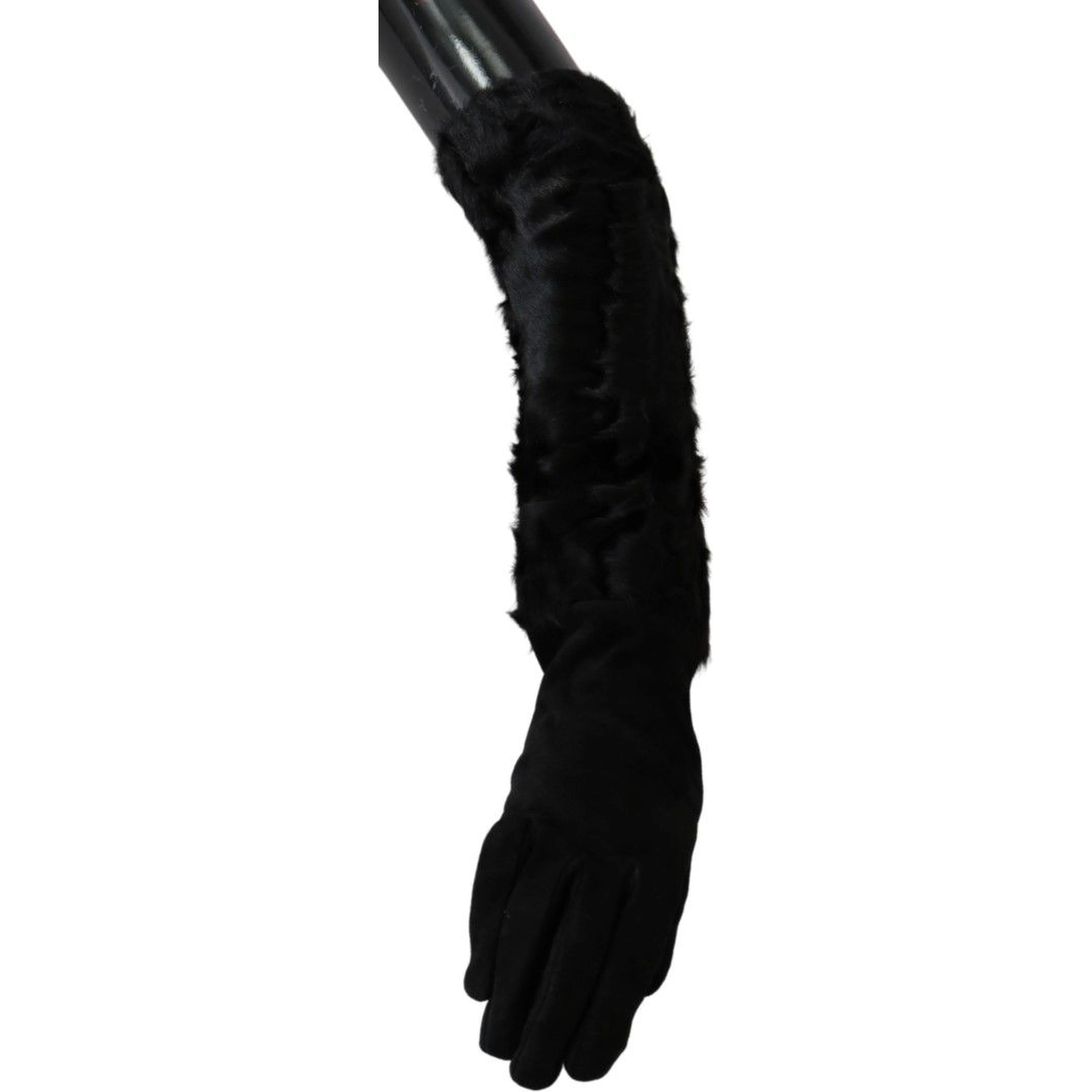 Black Elbow Length Mitten Suede Fur Gloves