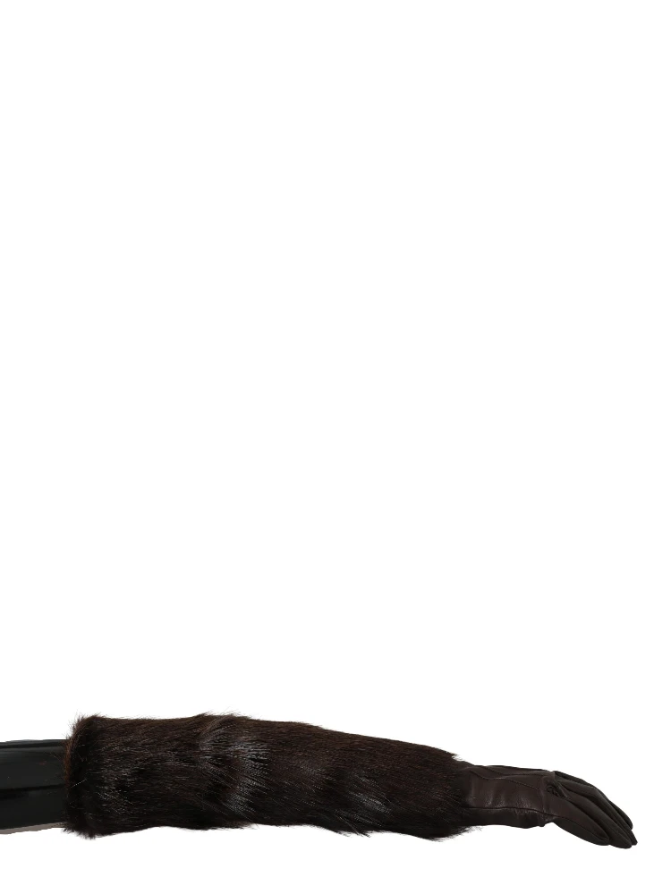 Brown Elbow Length Mittens Leather Fur Gloves