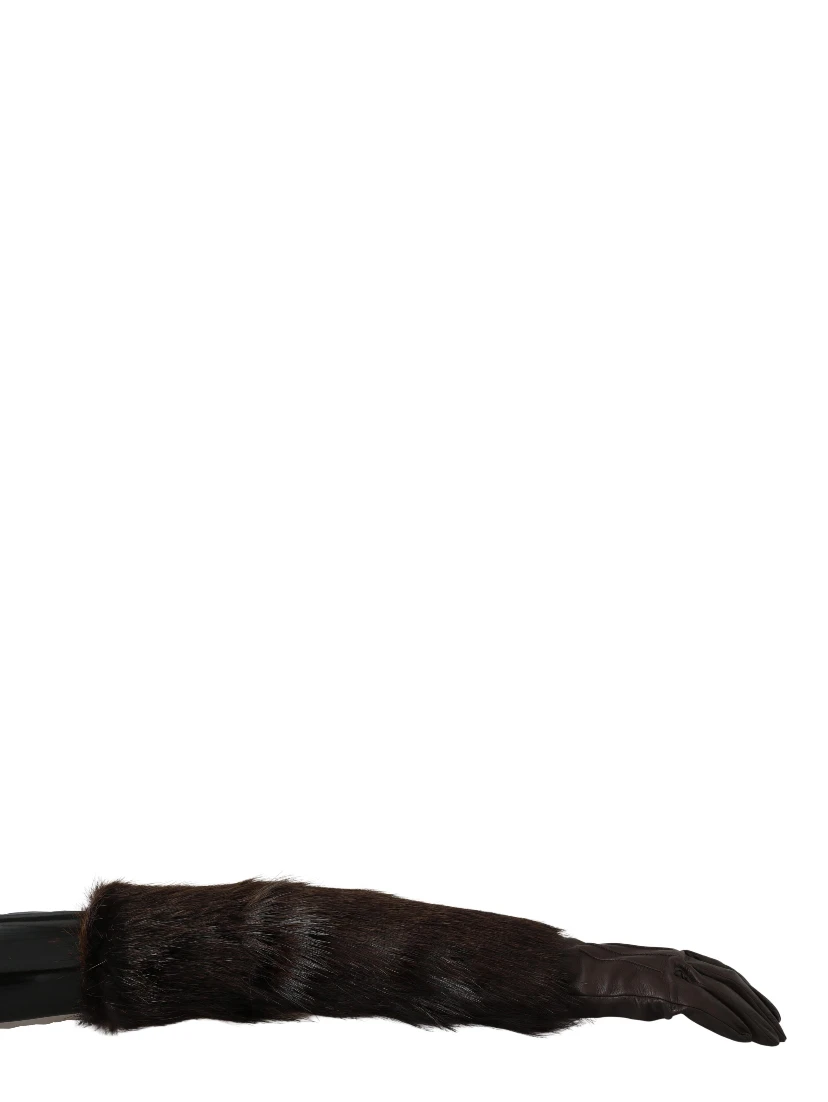 Brown Elbow Length Mittens Leather Fur Gloves