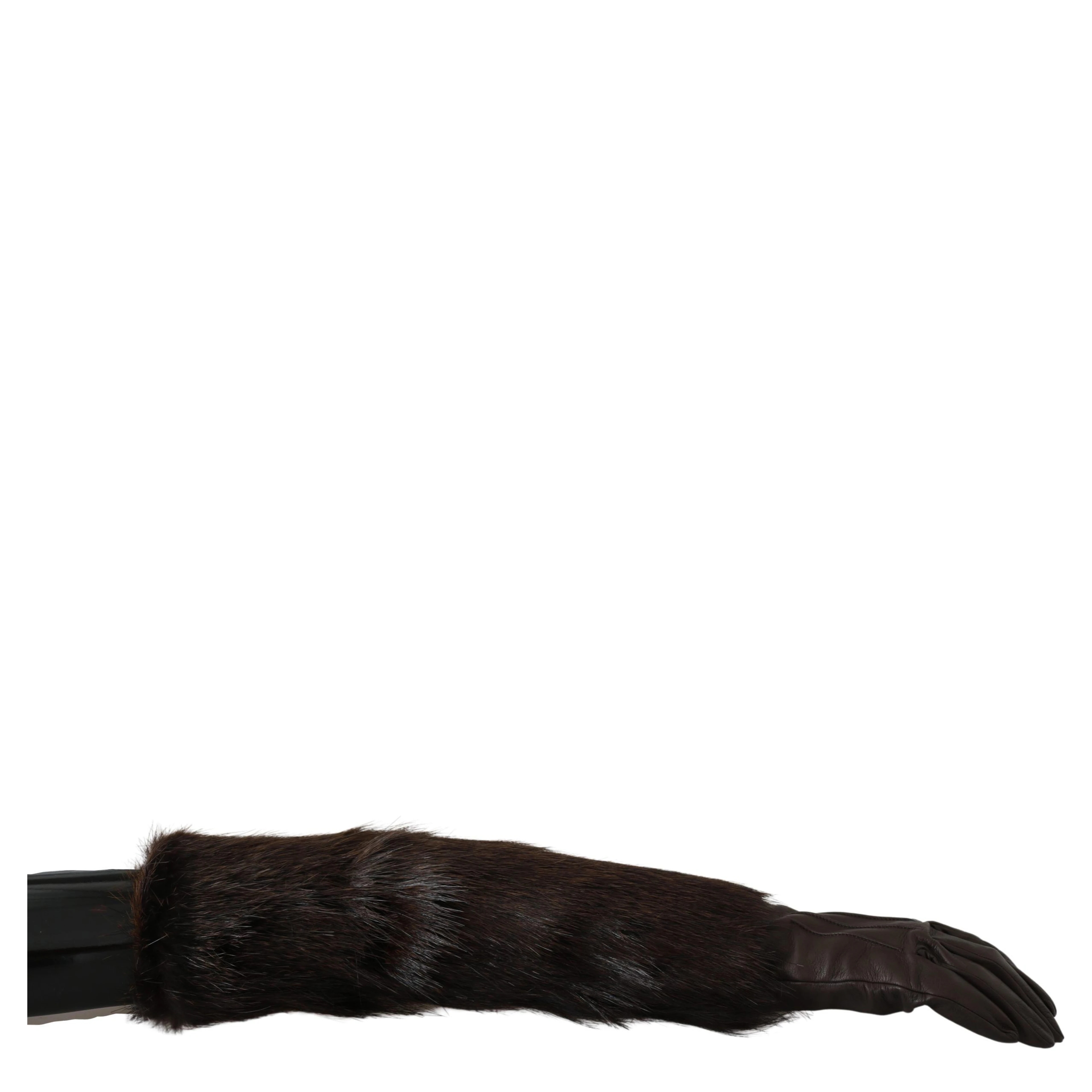 Brown Elbow Length Mittens Leather Fur Gloves