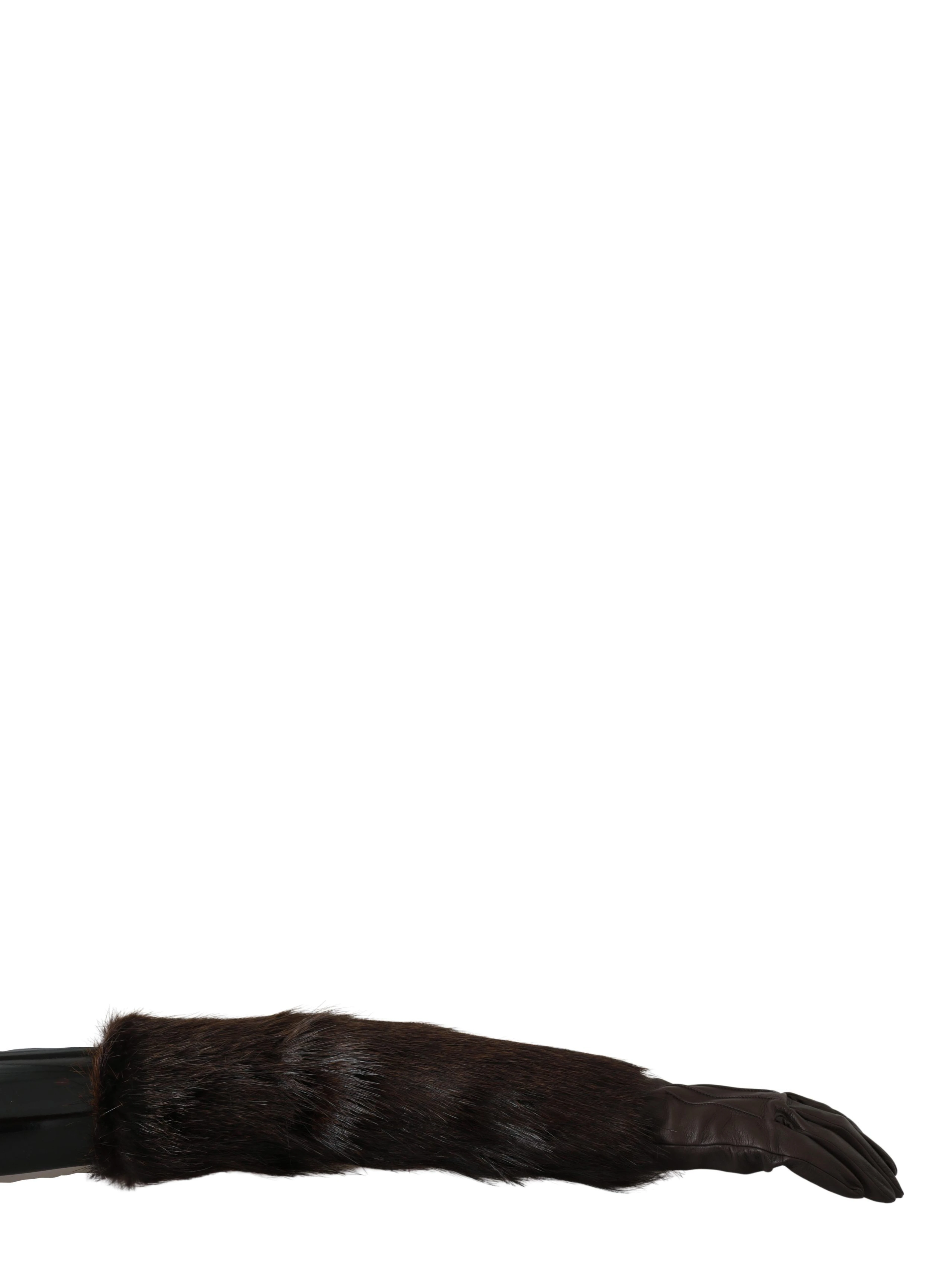 Brown Elbow Length Mittens Leather Fur Gloves