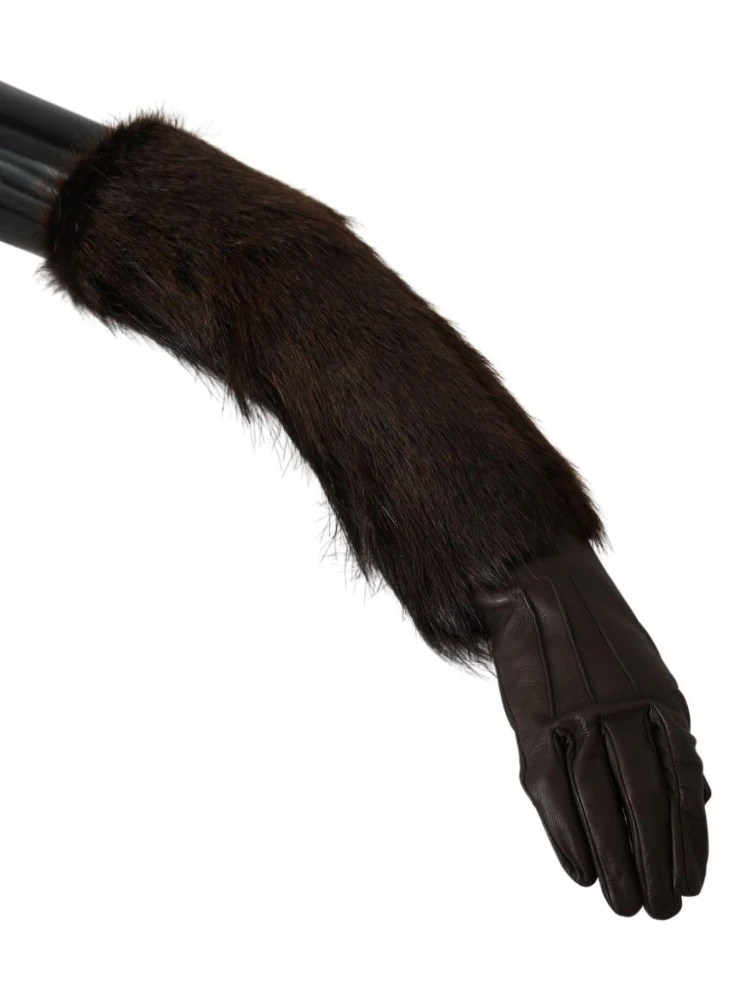 Brown Elbow Length Mittens Leather Fur Gloves alternative