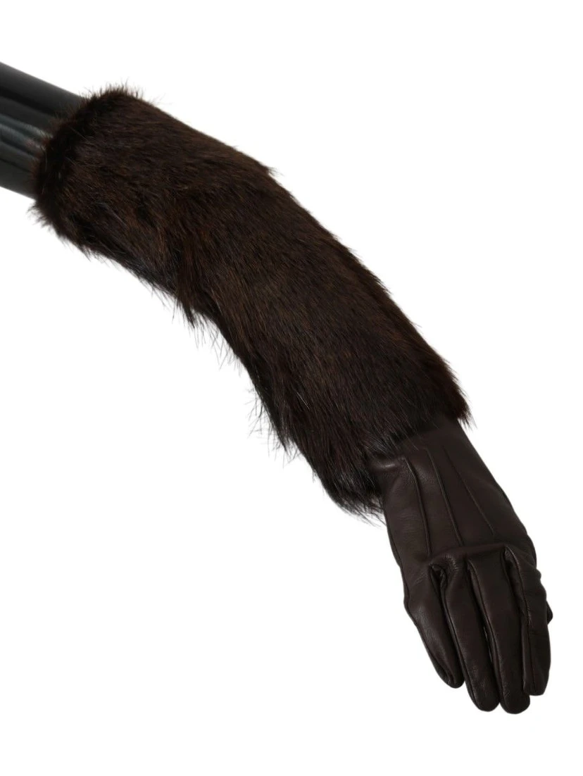 Brown Elbow Length Mittens Leather Fur Gloves