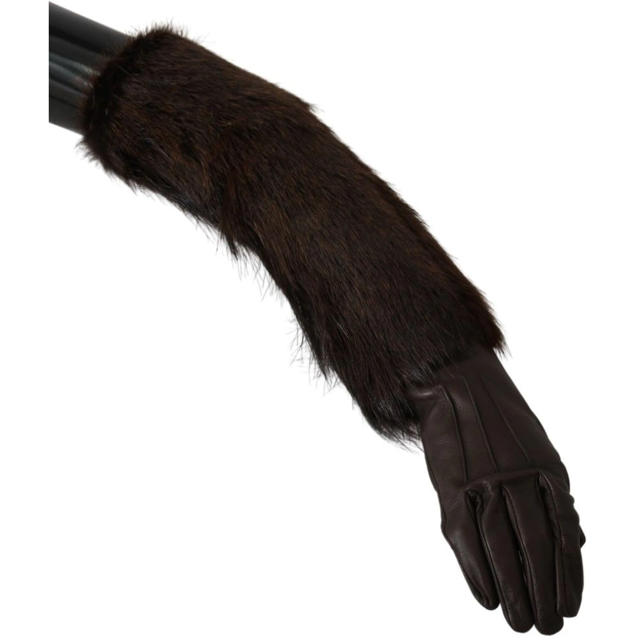 Brown Elbow Length Mittens Leather Fur Gloves