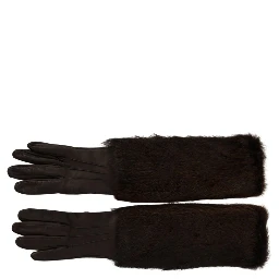 Brown Elbow Length Mittens Leather Fur Gloves