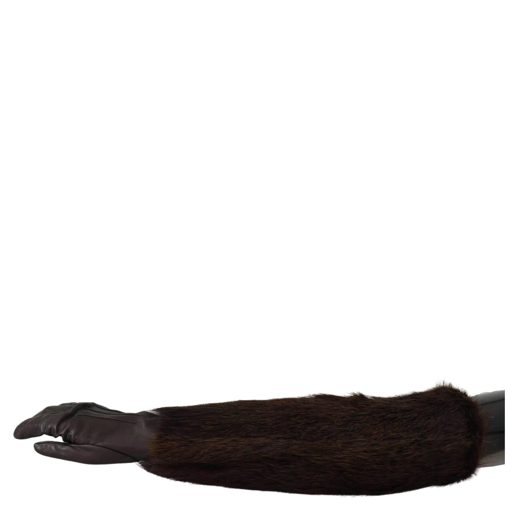 Brown Elbow Length Mittens Leather Fur Gloves