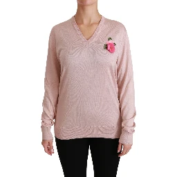 Pink Floral Embellished Pullover Silk Sweater