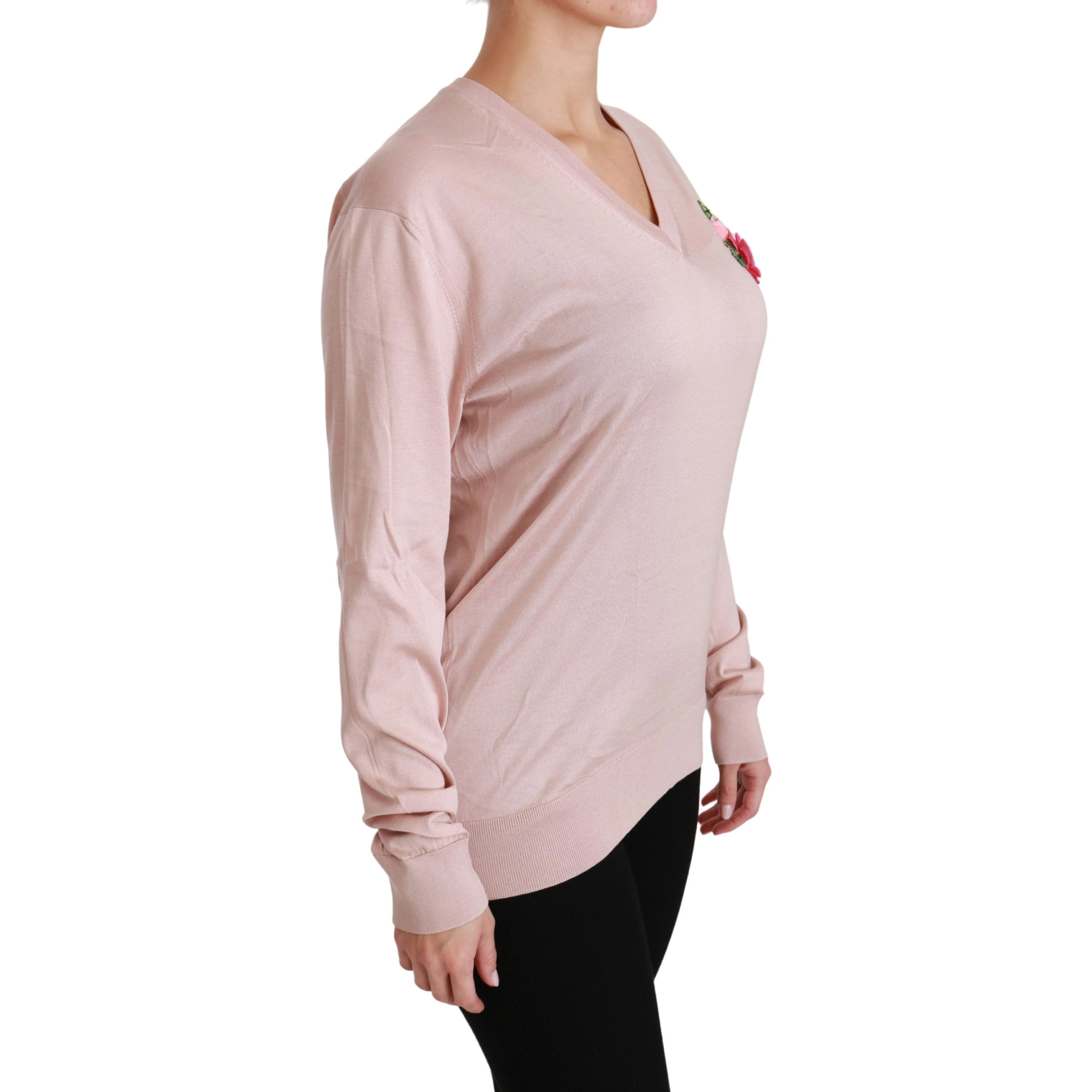 Pink Floral Embellished Pullover Silk Sweater
